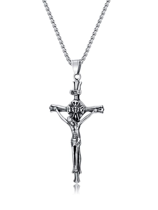 [2200] (Pendant + pearl chain 47CM) Titanium Steel Cross Hip Hop Man Regligious Necklace